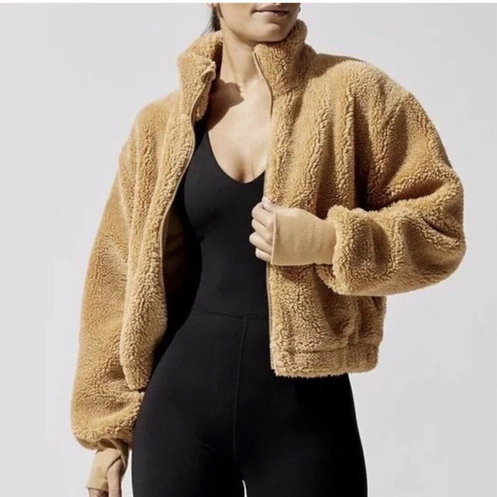 Carbon38 Jacket Women's Medium Beige Full Zip Faux Sherpa Hooded Oversized Teddy